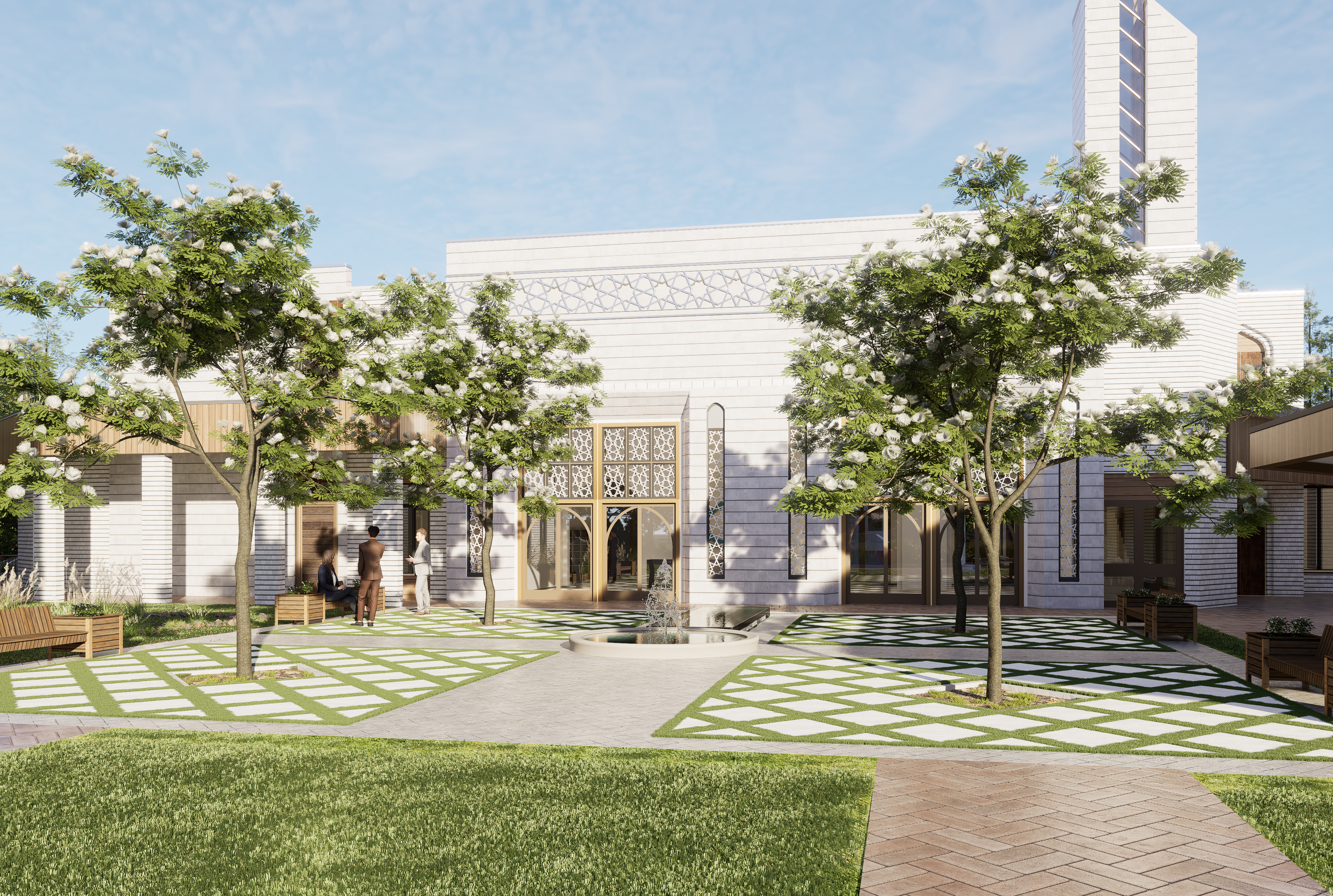 Street-level view of the new RCM campus as visitors approach