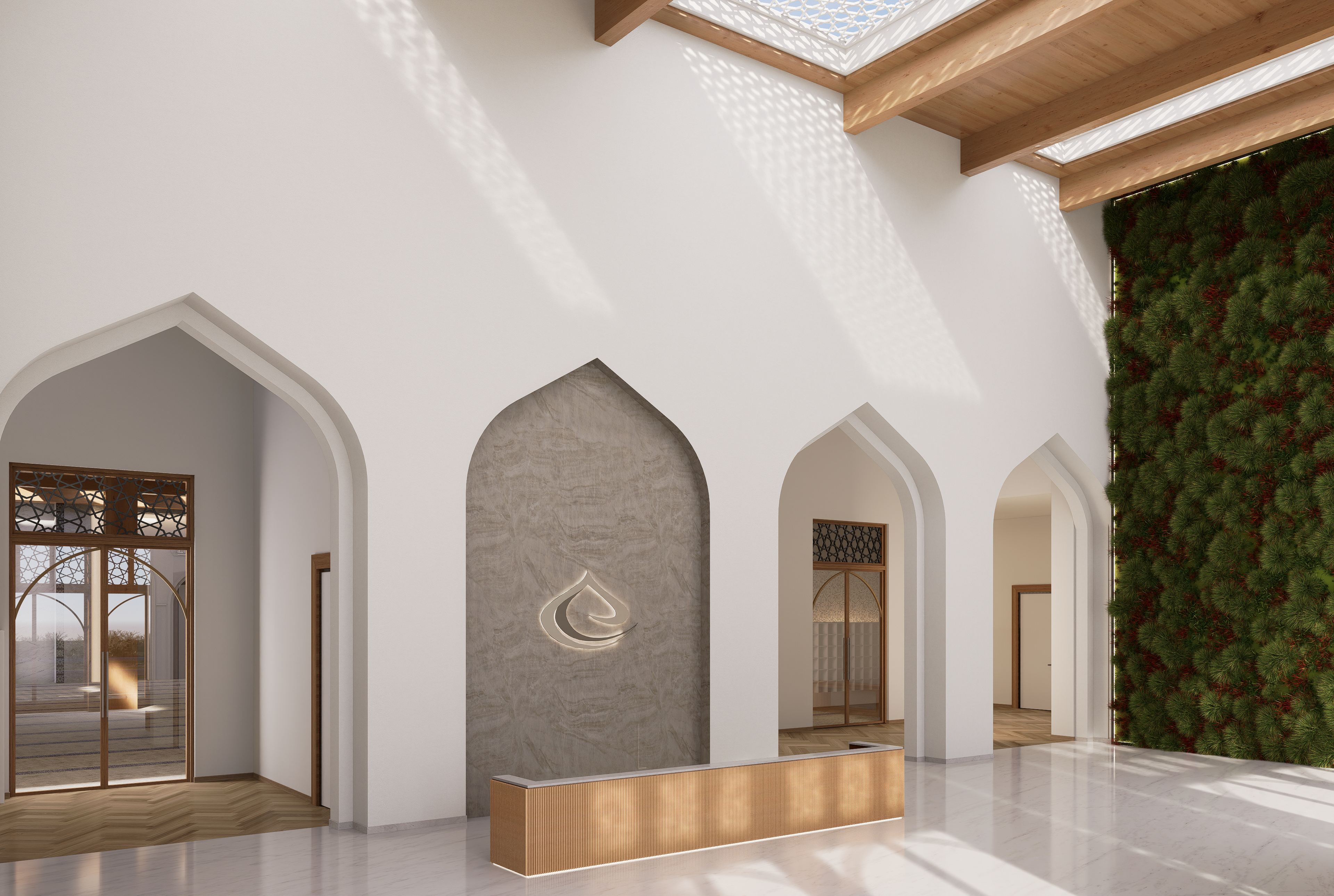 Grand entrance hall welcoming visitors to the new campus