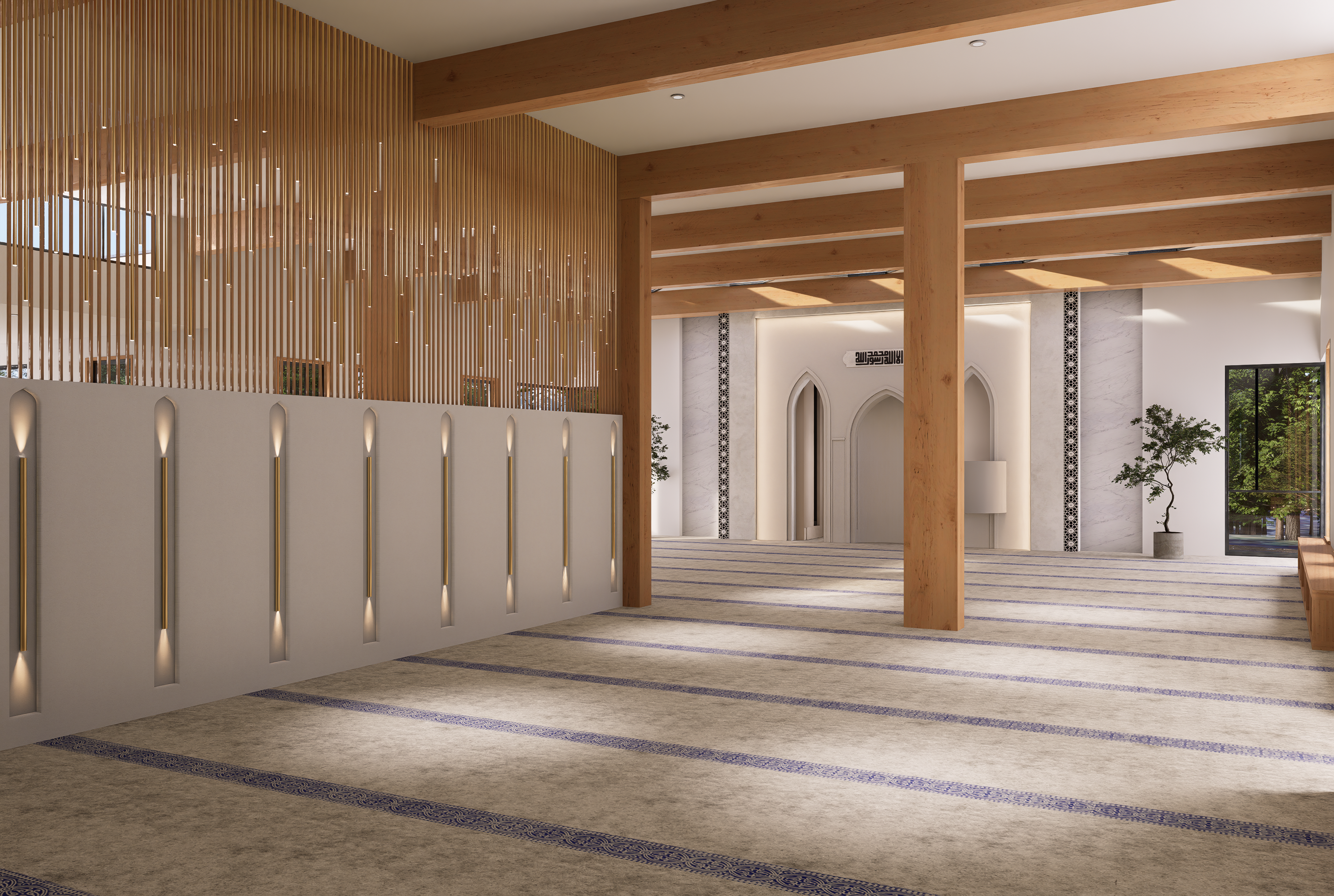 Prayer hall sanctuary flooded with natural daylight through geometric windows