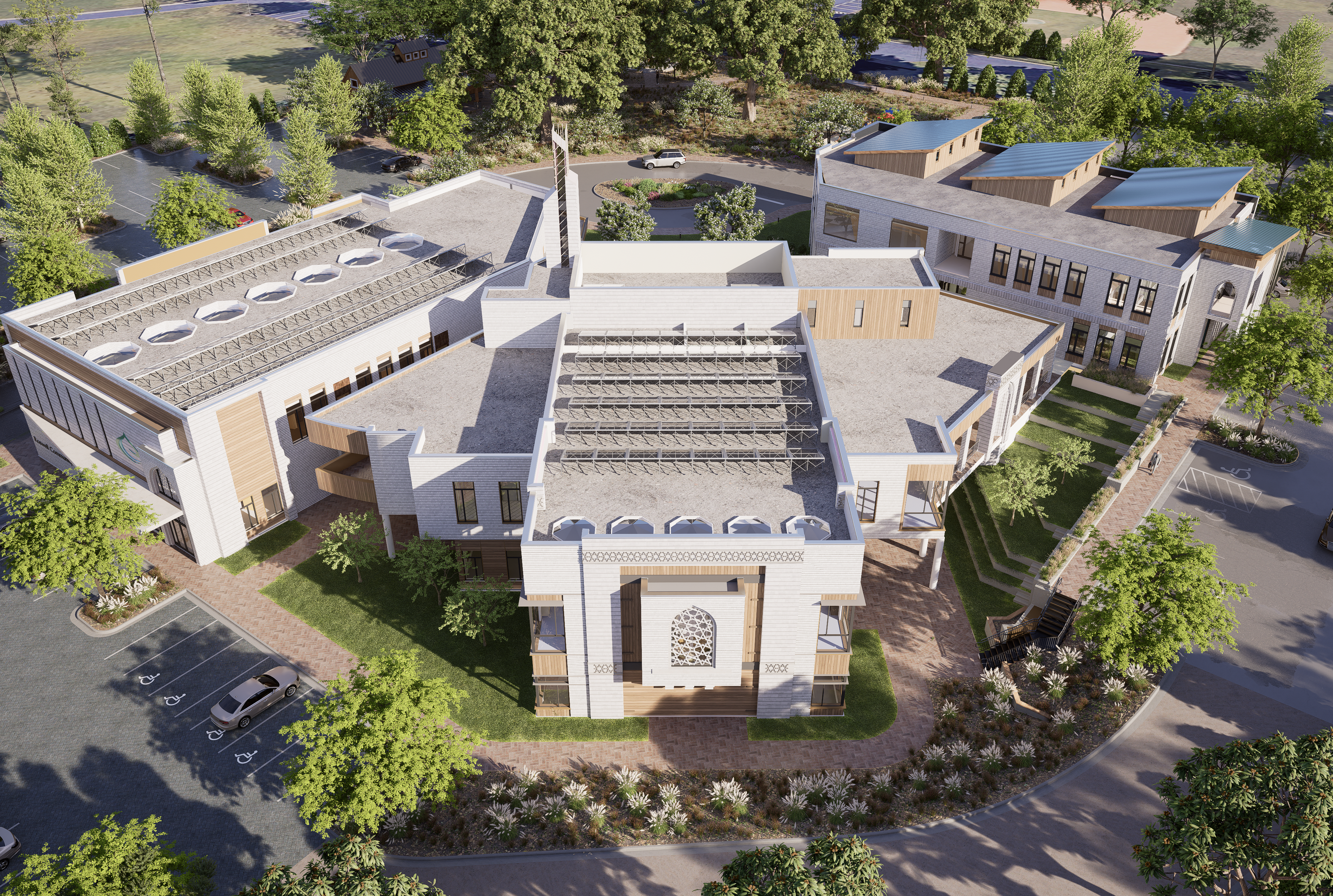Sanctuary building exterior showing courtyard and architectural details